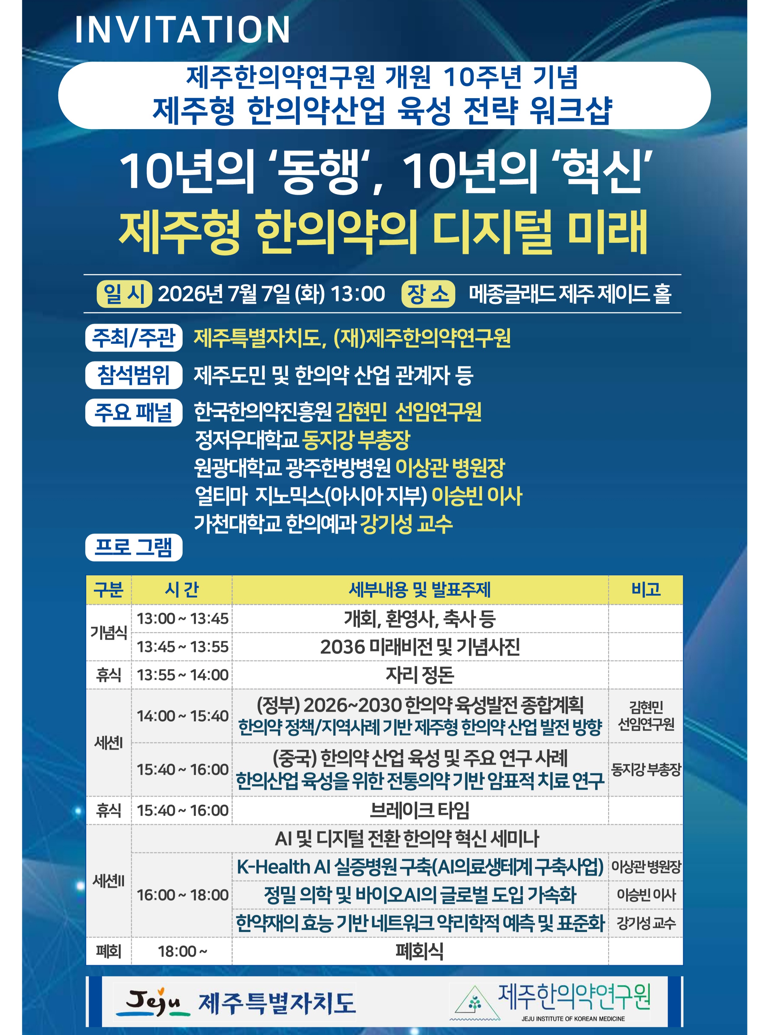 🎉 제주한의약연구원 개원 10주년 기념「제주형 한의약 산업 육성 전략 워크숍」 개최
제주한의약연구원은 개원 10주년을 맞아 지난 10년간의 연구 성과를 돌아보고, 미래 10년을 향한 새로운 비전과 제주형 한의약 산업의 발전 방향을 함께 모색하는 「제주형 한의약 산업 육성 전략 워크숍」을 개최합니다.
이번 워크숍은 '10년의 동행, 10년의 혁신 : 제주형 한의약의 디지털 미래'를 주제로, AI와 디지털 전환 시대에 대응하는 제주형 한의약 산업의 미래 전략을 공유하고 산·학·연·관 전문가들과 함께 지속 가능한 발전 방안을 논의하는 뜻깊은 자리입니다.
📅 일시
2026. 7. 7.(화) 13:00~
📍 장소
메종글래드 제주(제이드홀)
제주한의약연구원은 앞으로도 제주 특화 한의약 자원의 가치 창출과 바이오·헬스케어 산업 발전을 선도하며, 도민과 함께 성장하는 연구기관으로 나아가겠습니다.
많은 관심과 응원 부탁드립니다 😊
#제주한의약연구원 #개원10주년 #제주형한의약 #한의약 #바이오헬스케어 #AI #디지털전환 #워크숍
